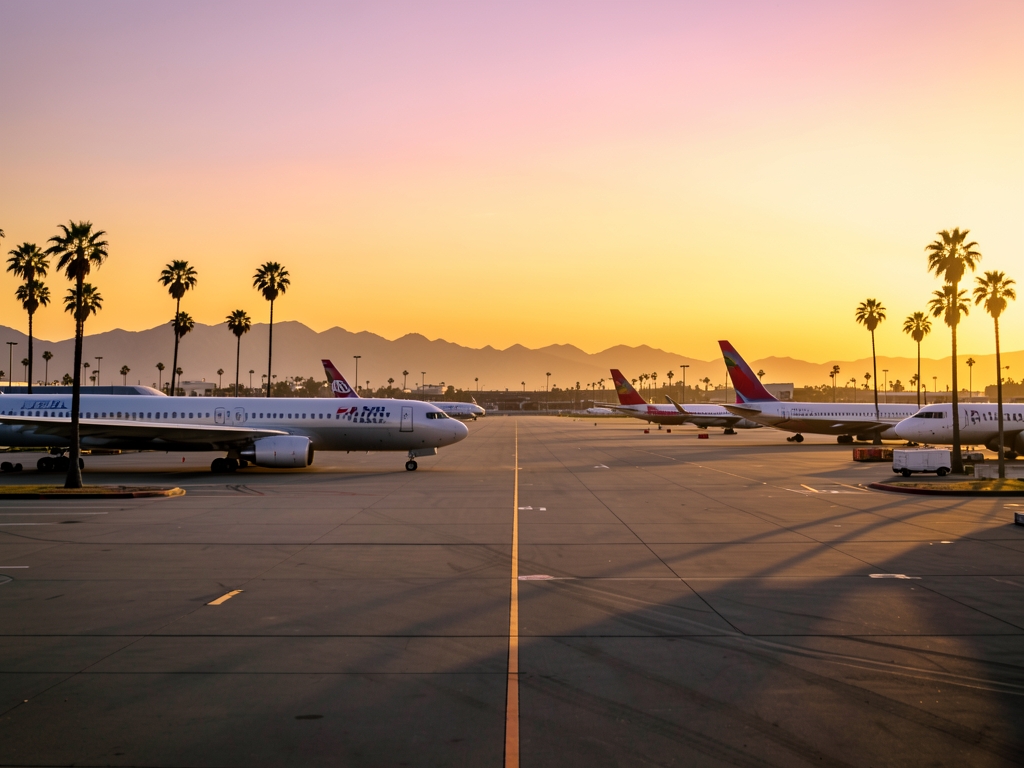 Angeles airport tarmac golden sunset with palm trees