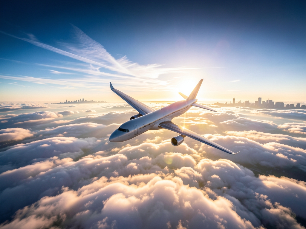 Aerial view transatlantic airliner climbing above layered morning