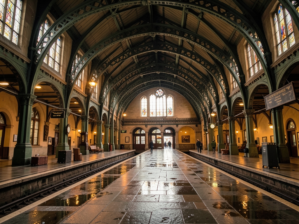 Grand Victorian railway hall with soaring iron arches