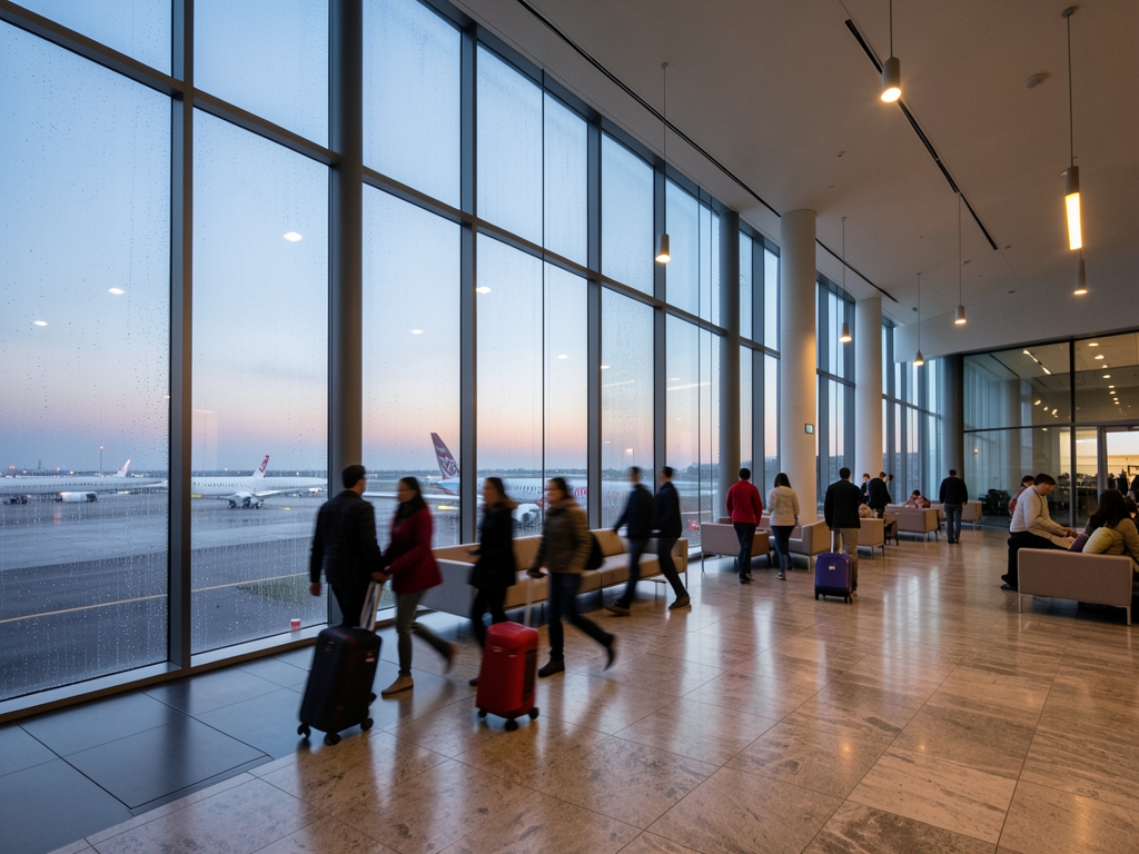 Wide view modern glass walled airport terminal lounge dusk