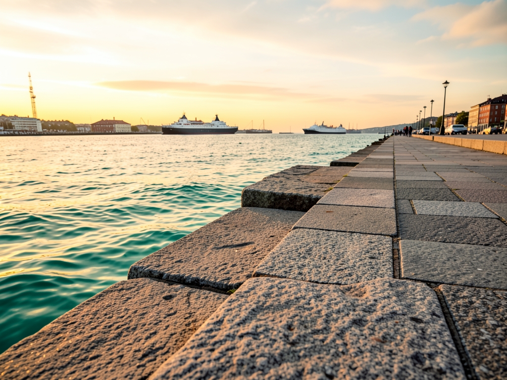 quiet Helsinki harbor promenade golden dusk turquoise water