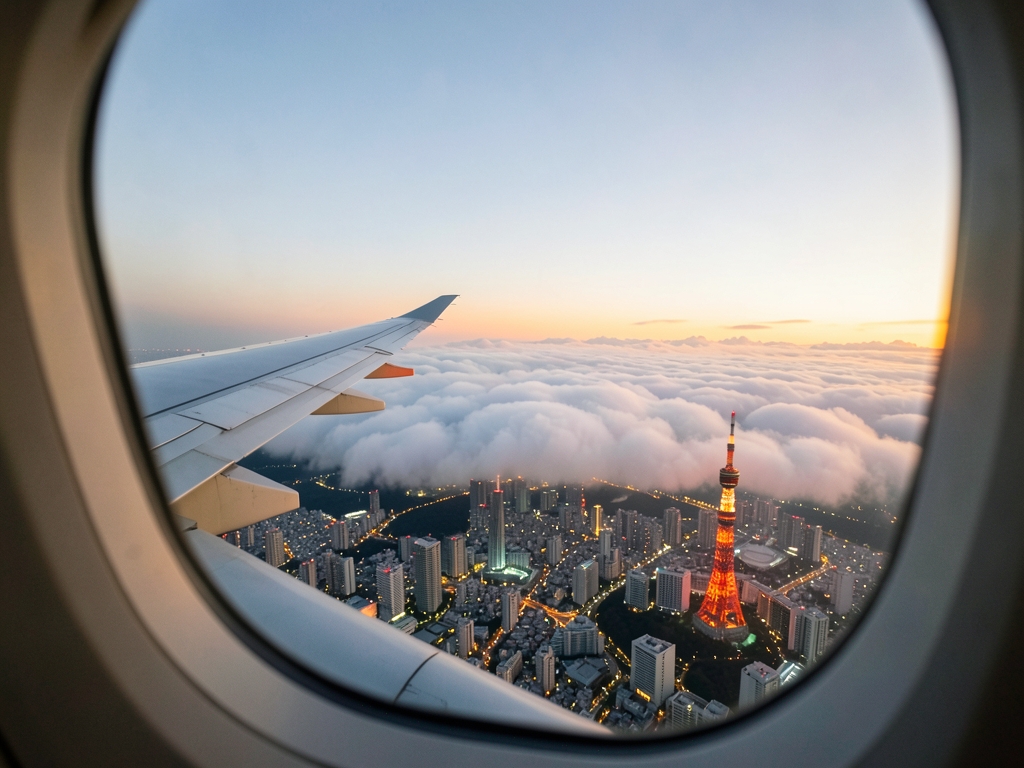 Tokyo skyline golden hour seen from airplane window