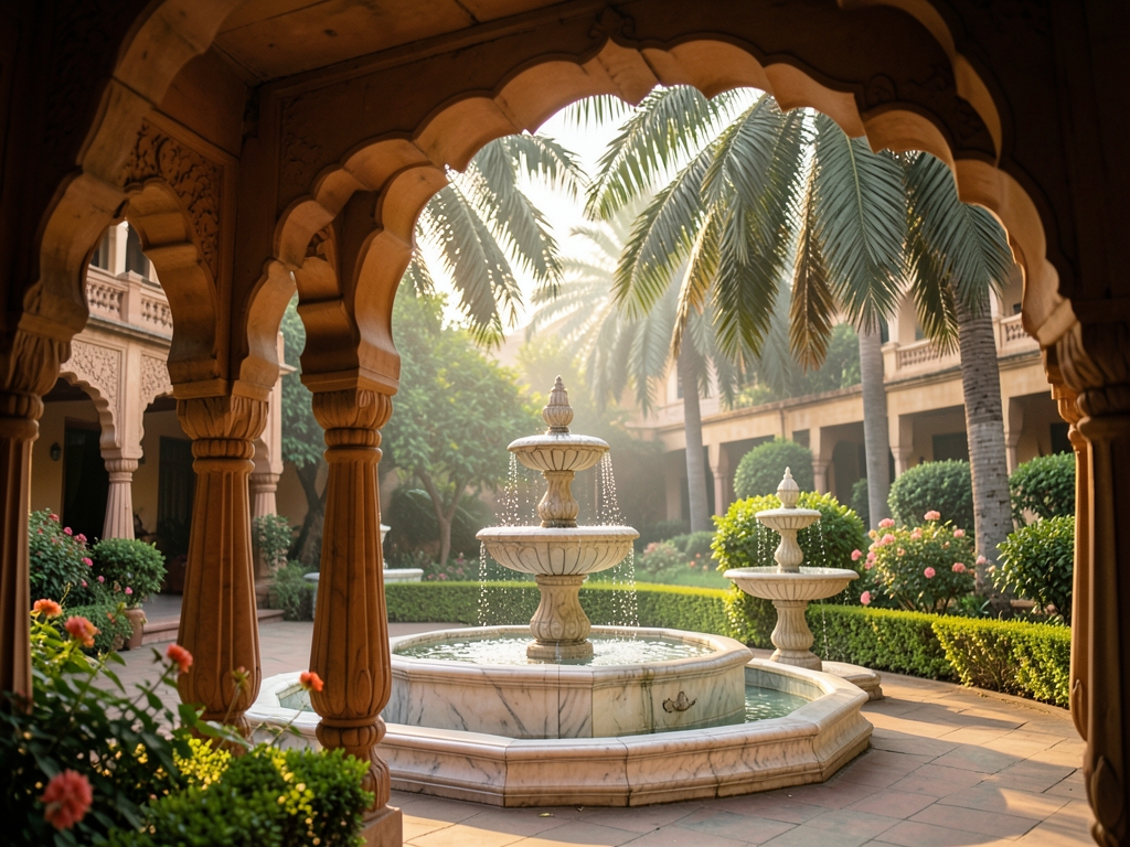 Elegant Delhi hotel courtyard with sandstone arches marble