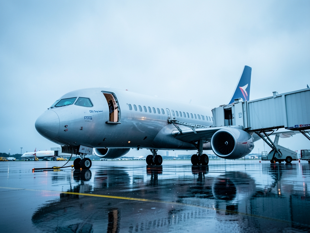 Airplane gate under overcast sky bridge connected tarmac
