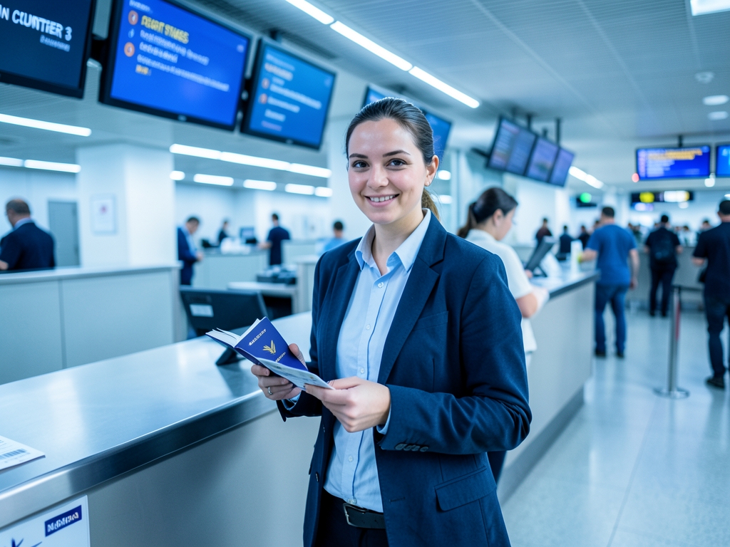 Traveler standing airport check in counter with passport folded