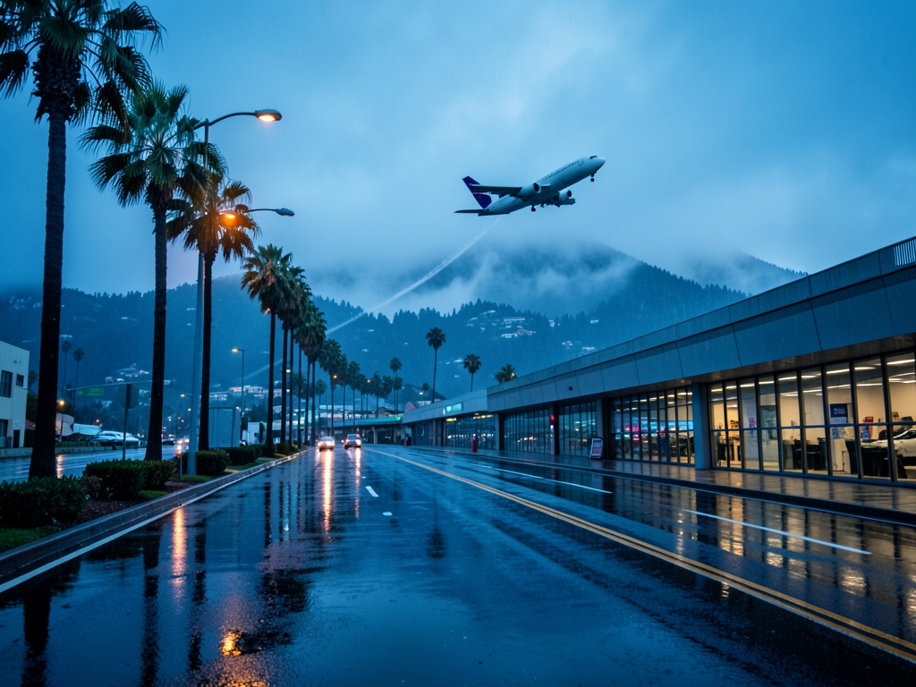 Rainy Angeles coast dusk palm lined roads reflective terminal