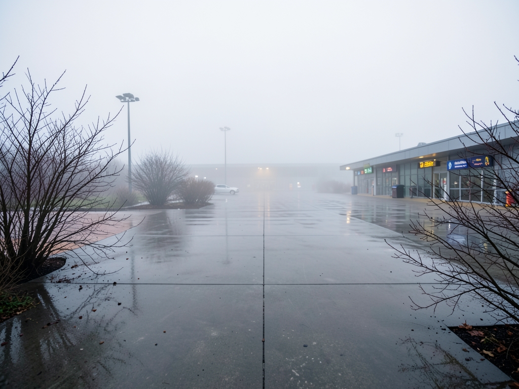 fog draped domestic airport forecourt early January with slick
