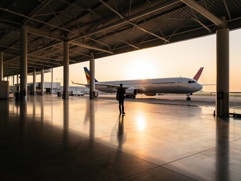 Wide terminal concourse with lone traveler walking toward