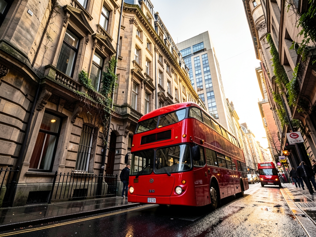 double decker winding through dense Central streets beside weathered