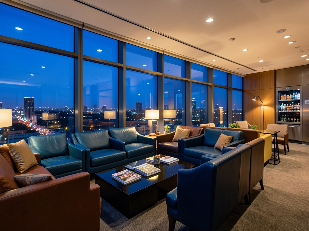Interior perspective sleek airport lounge with plush seating