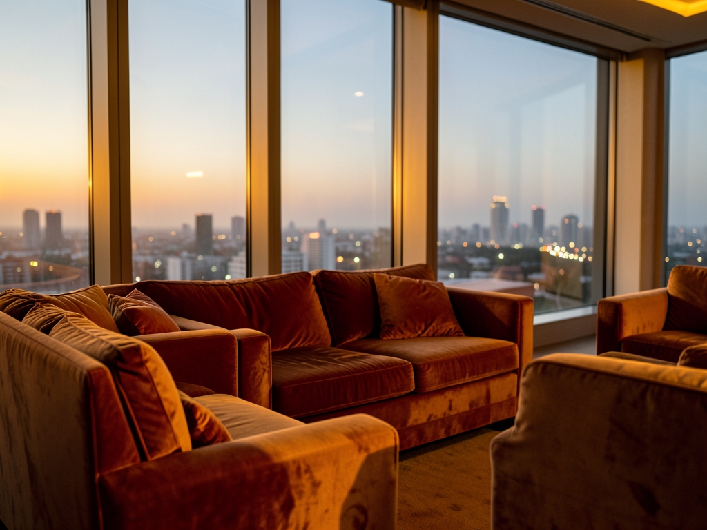 Soft golden hour light filters through floor to ceiling windows