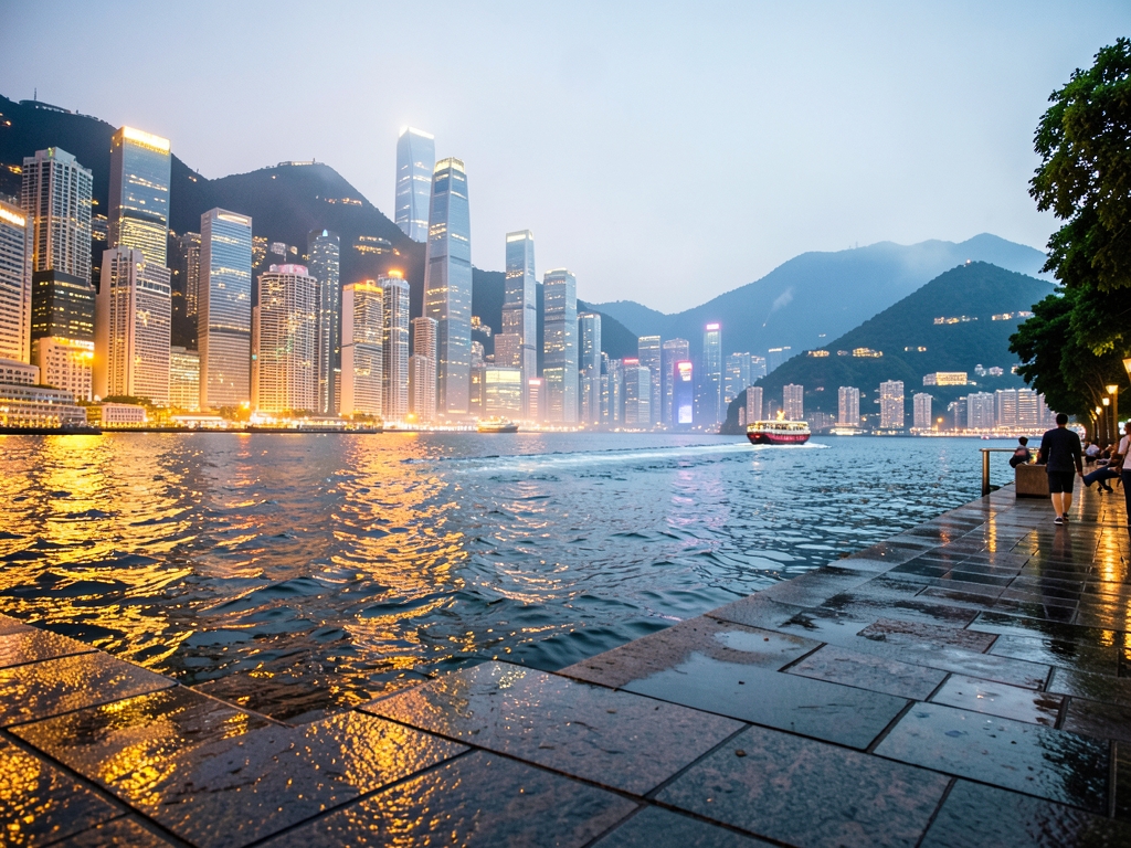 Hong Kong harbourfront promenade dusk with ferry wake