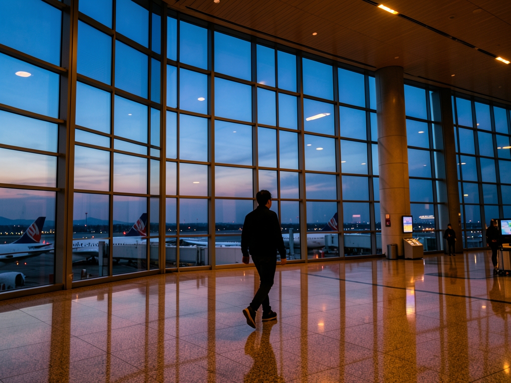 Traveler s silhouette walking through Hong Kong International Airport