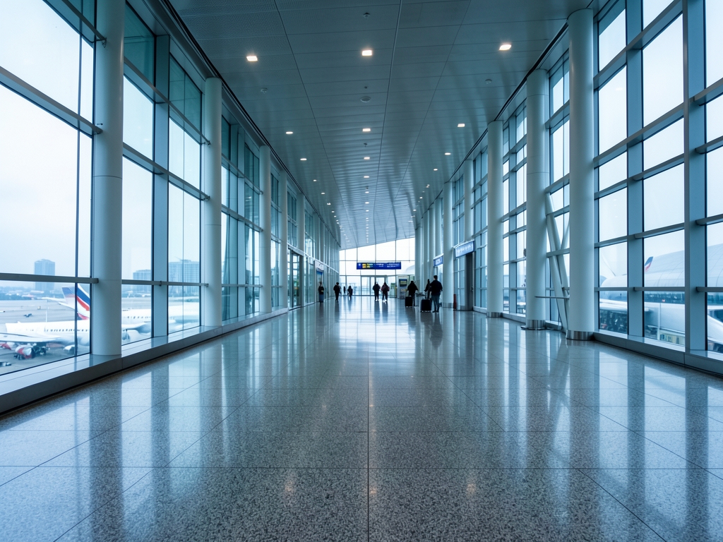 quiet Hong Kong airport arrival corridor polished stone