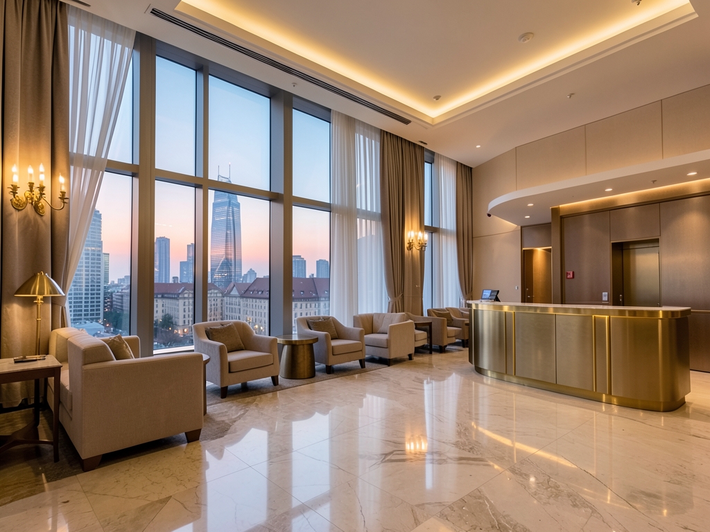 Quiet modern hotel lobby with polished marble floors