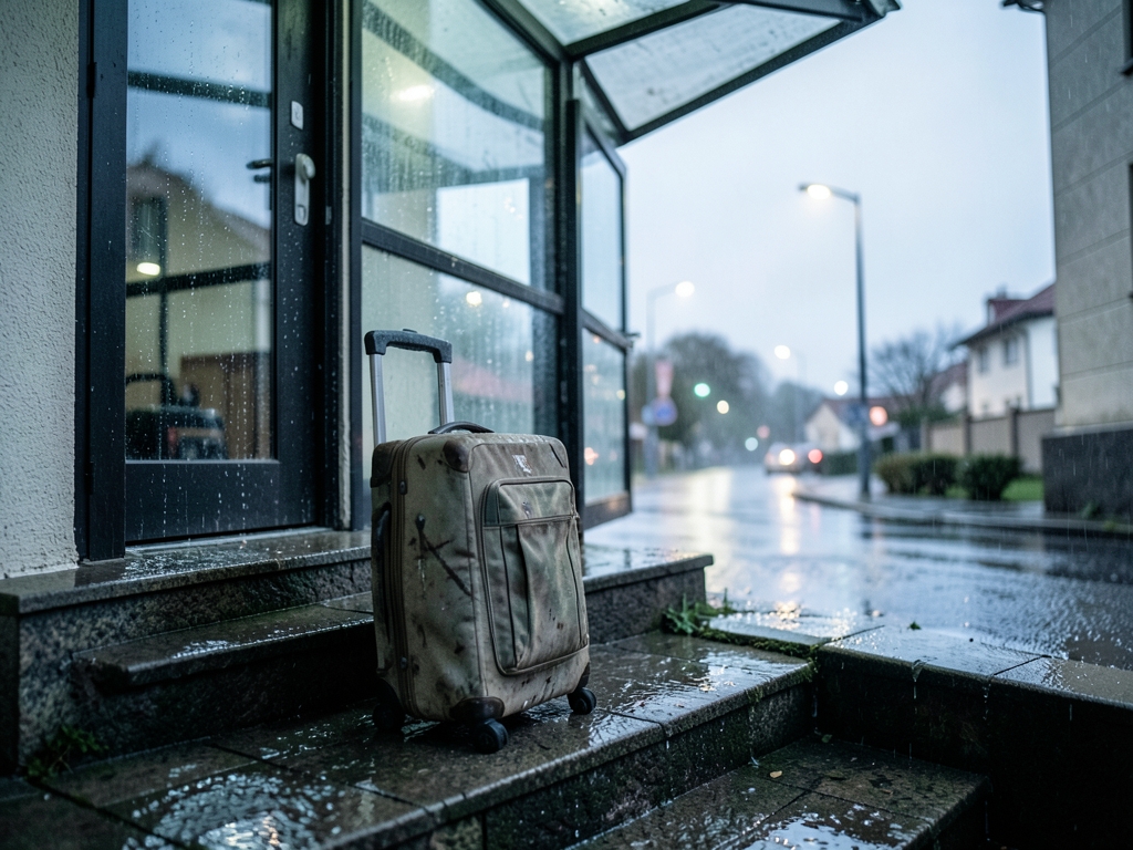 Rainy dawn outside modest hotel entrance lone wheeled