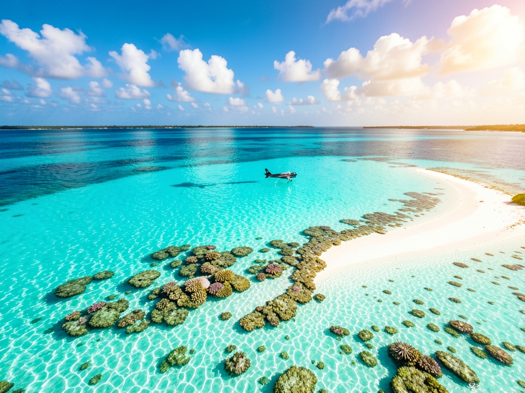 Aerial view turquoise Caribbean lagoon with coral reef