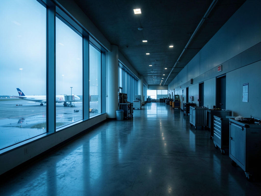 Long airport maintenance corridor dawn rows grounded bridges