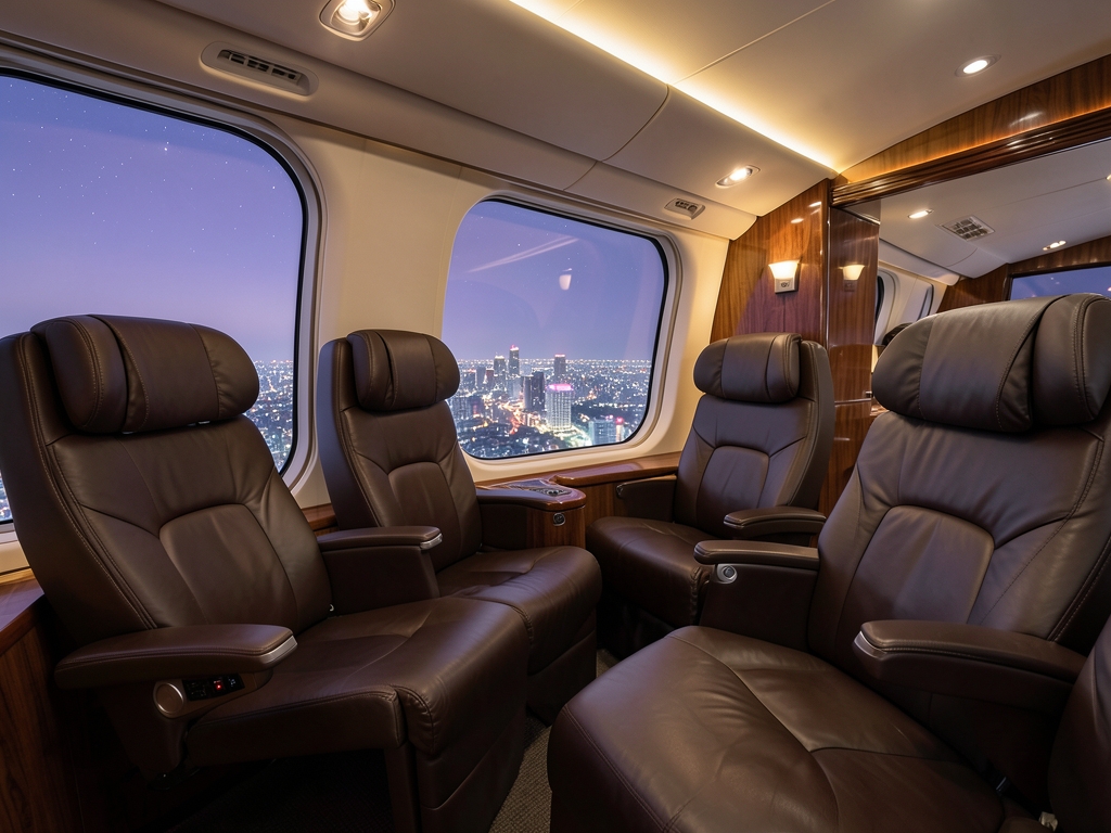 refined trans Pacific business class cabin leather warm wood with