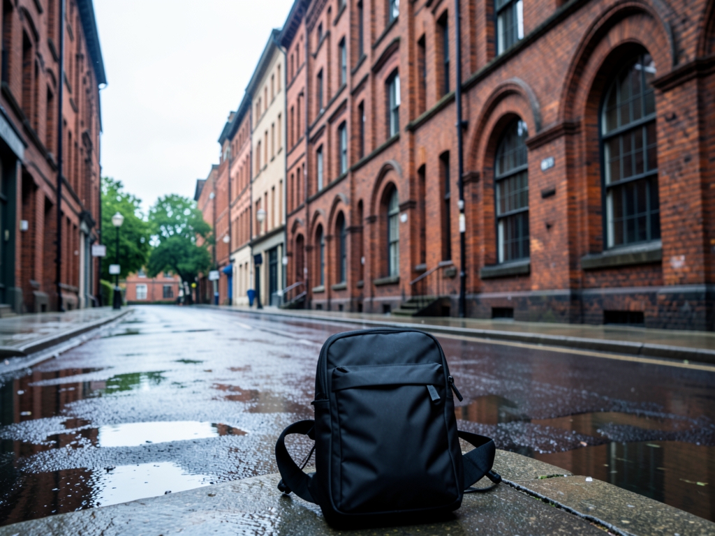 quiet city street under overcast skies with brick