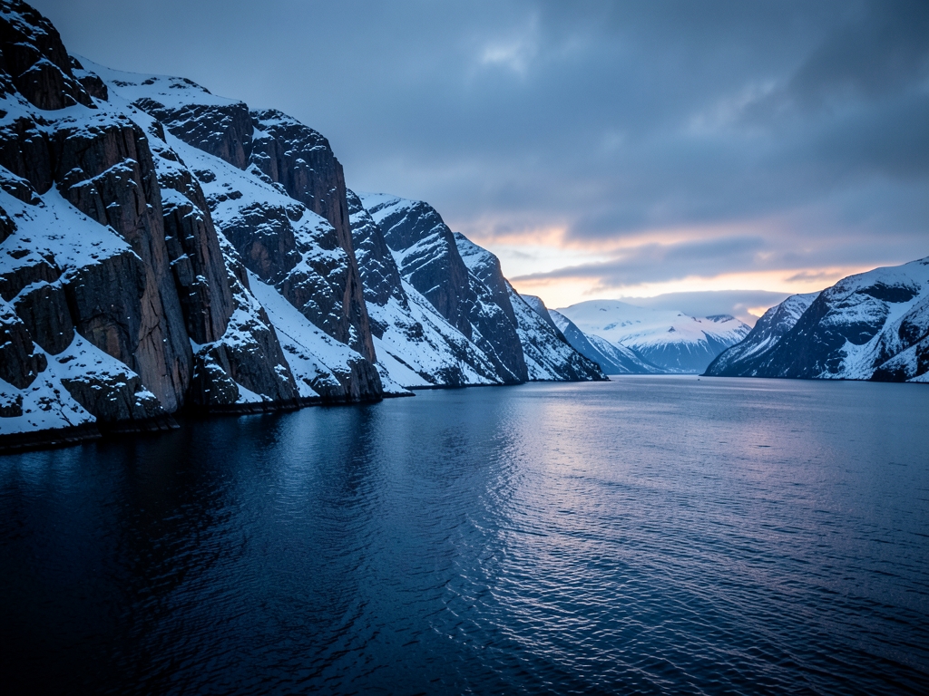 brooding twilight over snow dusted Alaskan fjord with jagged