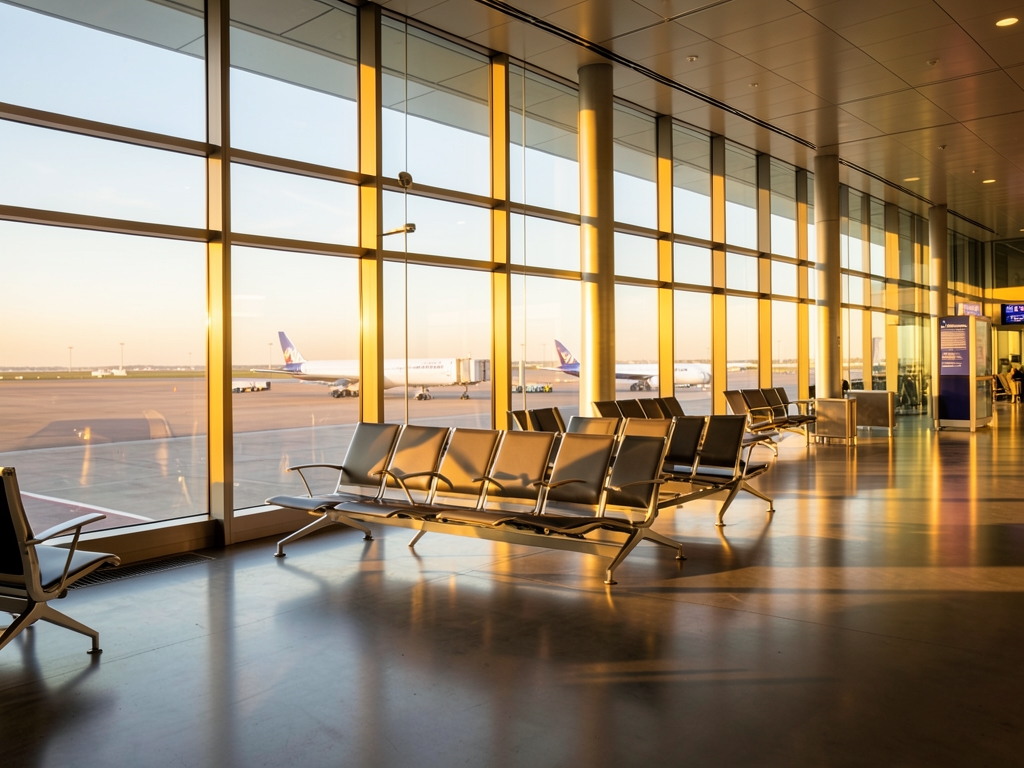 Sunlit airport departure gate with large windows empty