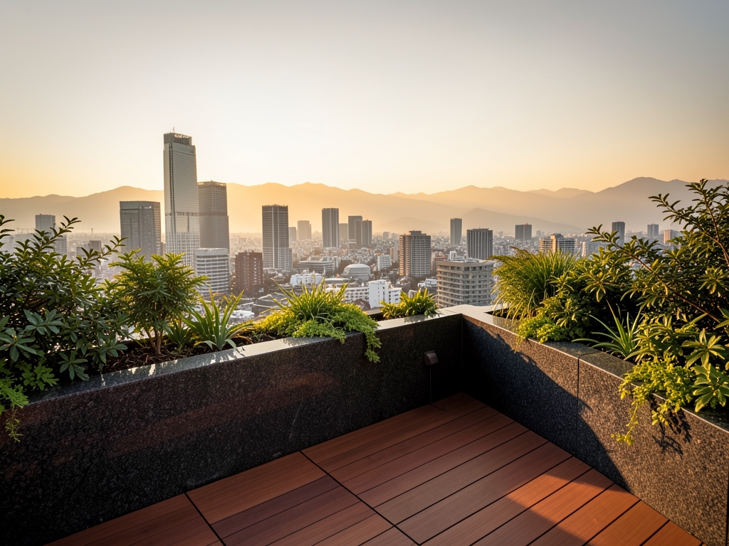 tranquil rooftop terrace overlooking sprawling Tokyo skyline golden