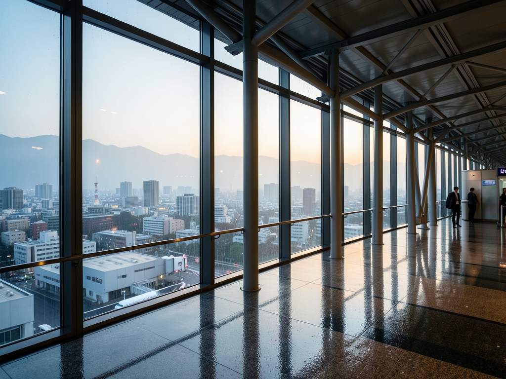 rain slick airport departure corridor opening onto Tokyo dawn