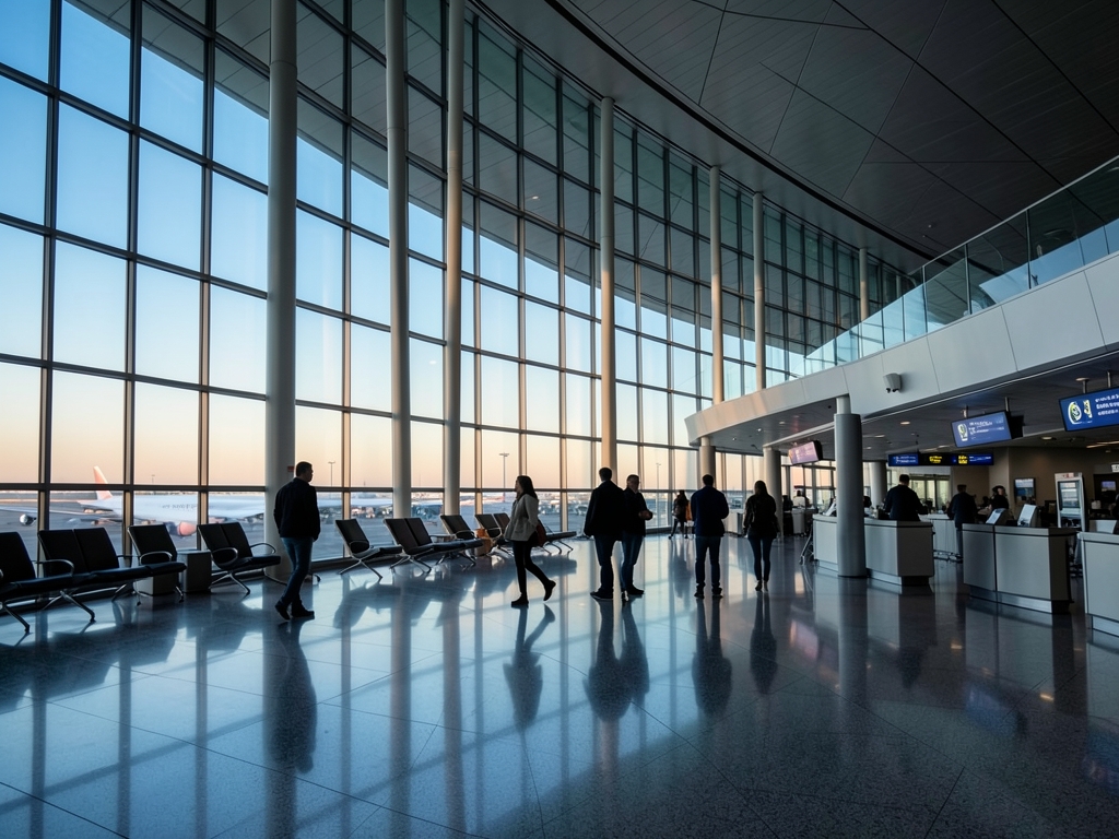 Sleek modern airport terminal dawn curved glass walls