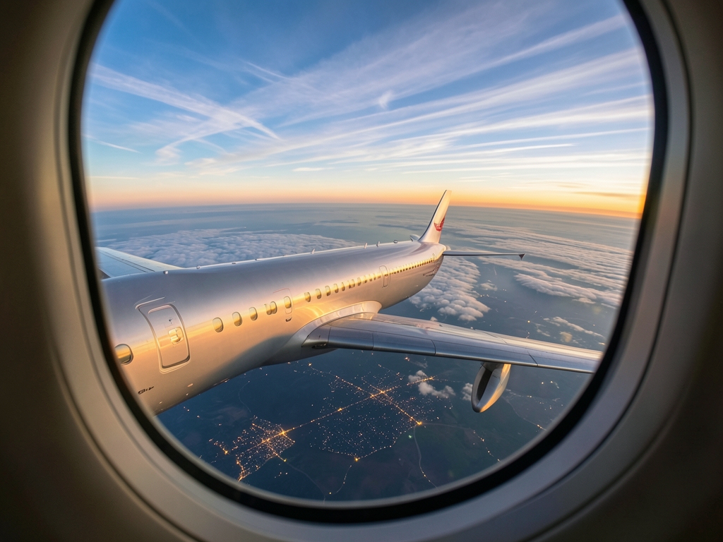 aerial view from First Class cabin window cruising