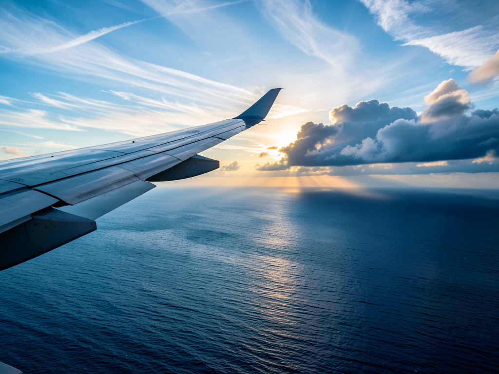 airplane wing over vast Atlantic Ocean sunrise layered