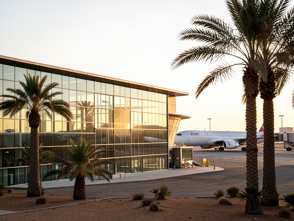 Soft dawn light over modern desert airport terminal