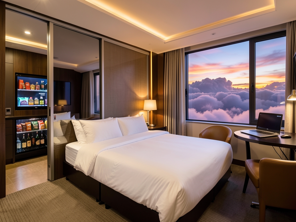 Inside private business class suite with lie flat bed sliding