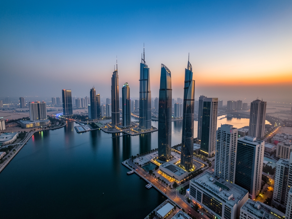 Modern Doha skyline dusk viewed from above gleaming