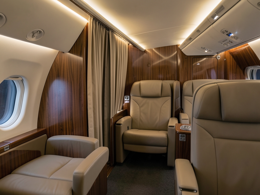Spacious airplane business class cabin with sliding privacy doors