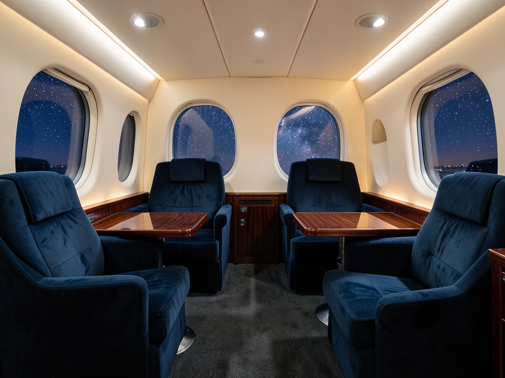 empty Qsuite cabin cruising altitude soft ambient light