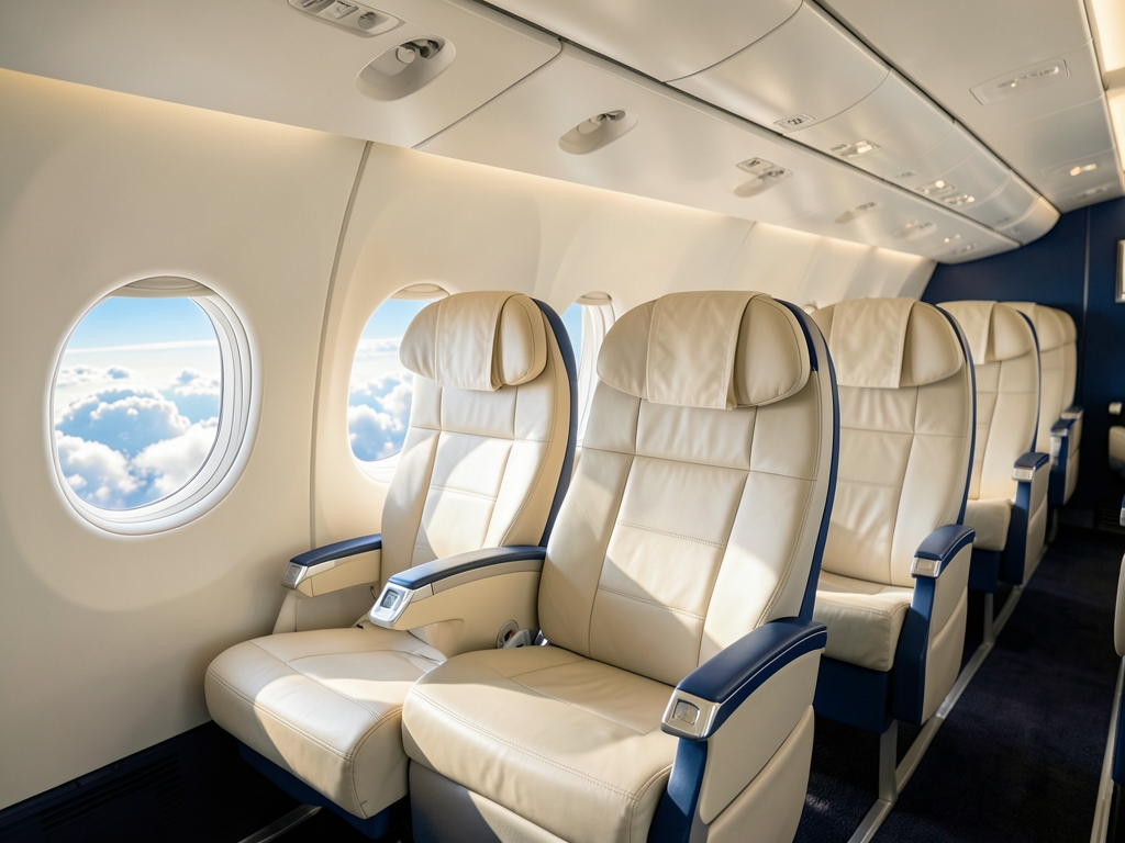 Airplane cabin cruising altitude with soft daylight through
