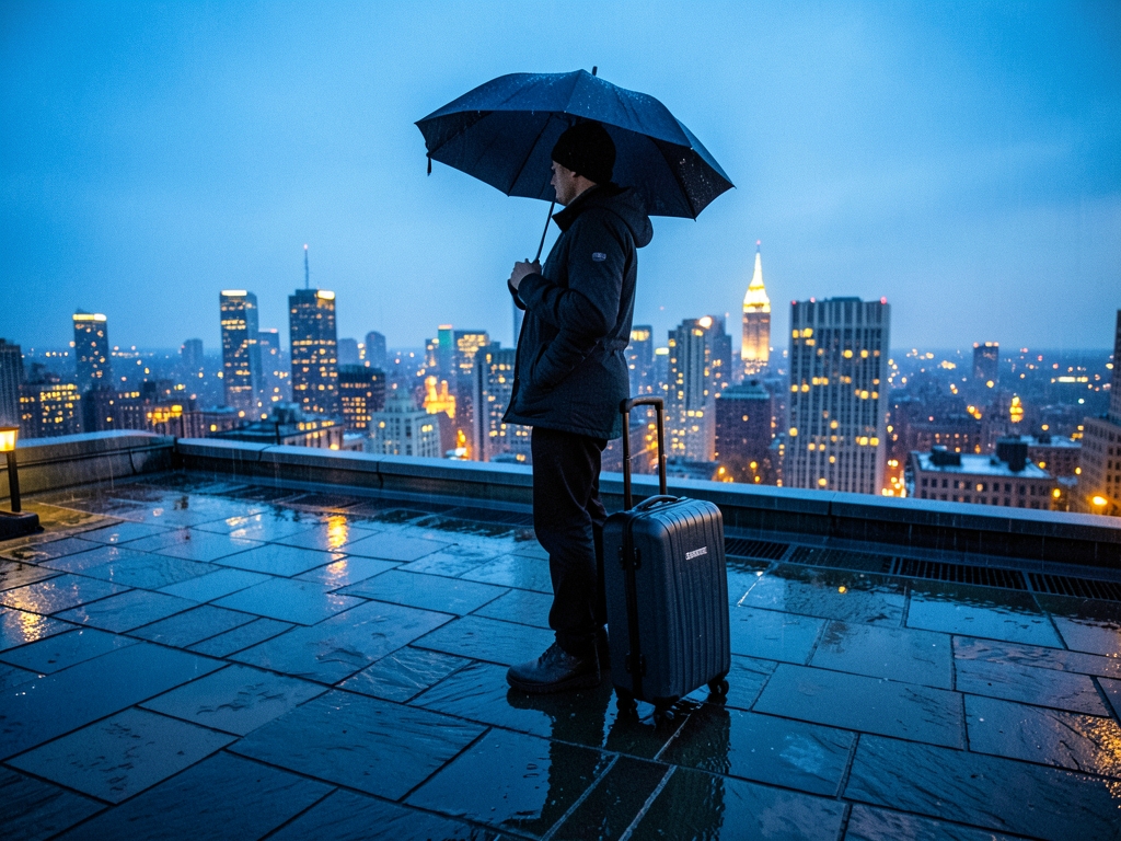 rainy Manhattan rooftop blue hour with slate tiles