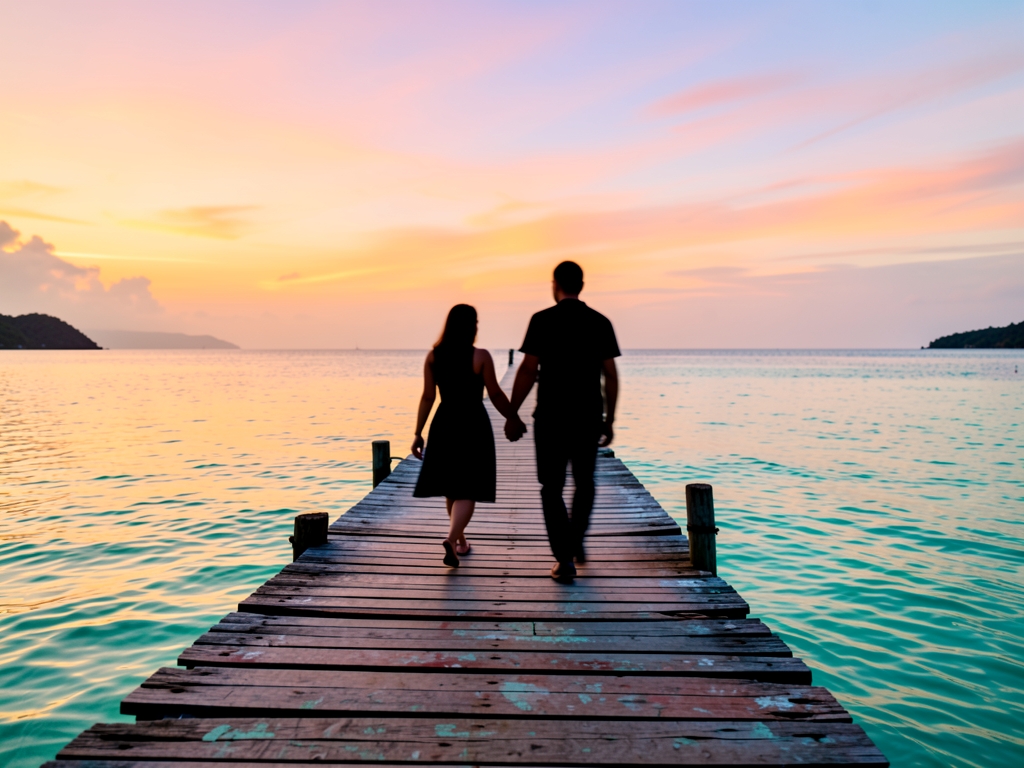 weathered wooden dock stretching into calm Caribbean shallows