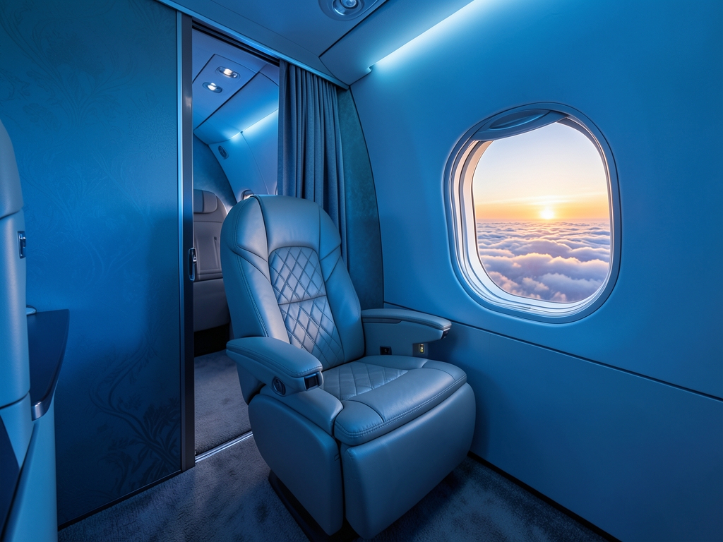 Private business class suite inside widebody aircraft sliding door