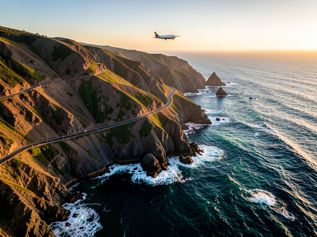Aerial view rugged Pacific coastline winding highway with