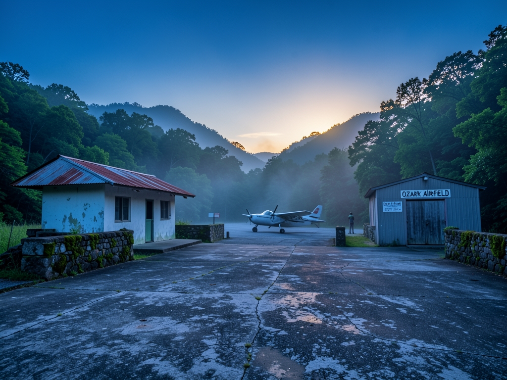 small rural airstrip tucked between rolling Ozark woodlands