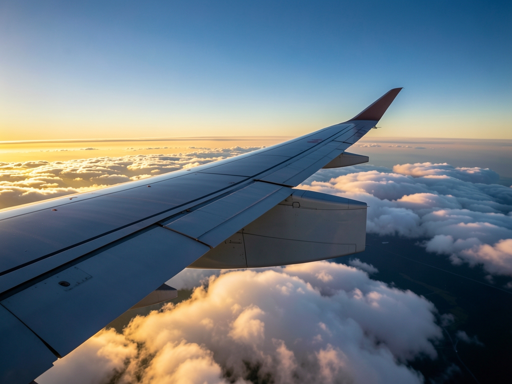 Airplane wing above Pacific clouds sunrise golden light