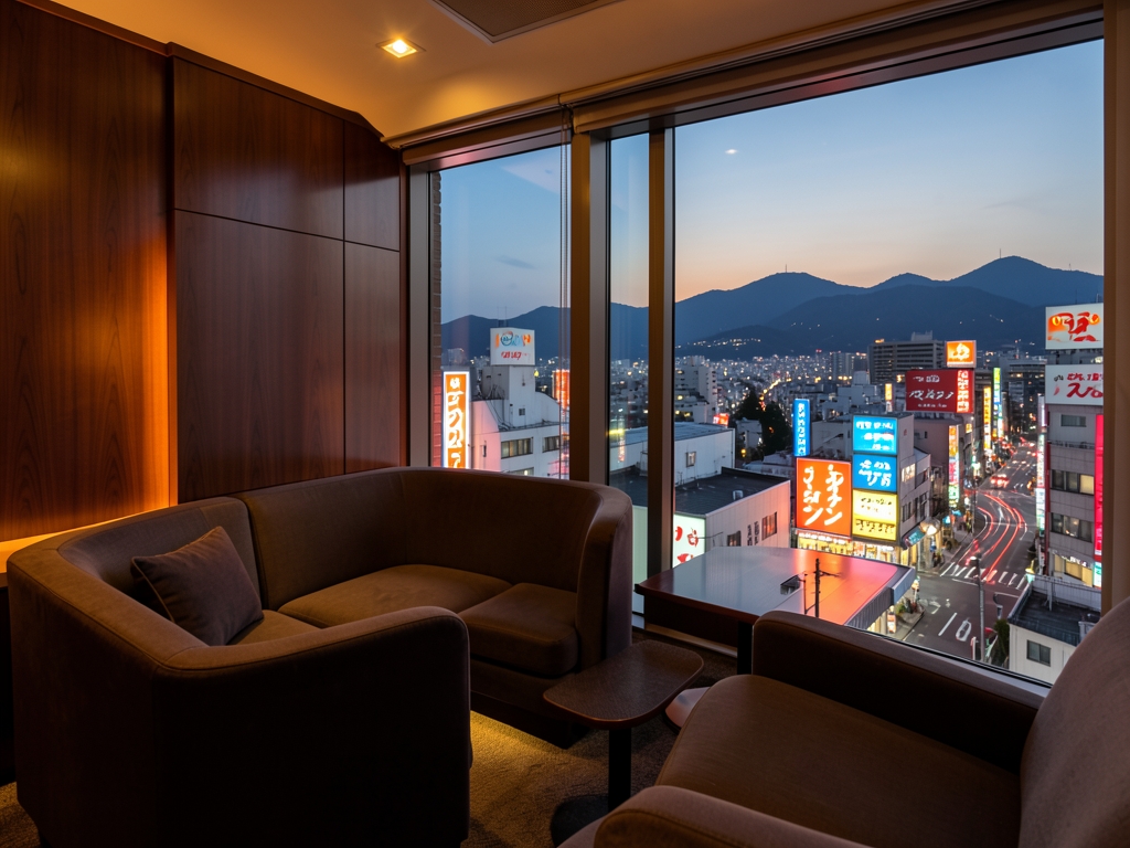 quiet Tokyo business class lounge overlooks neon lit streets distant
