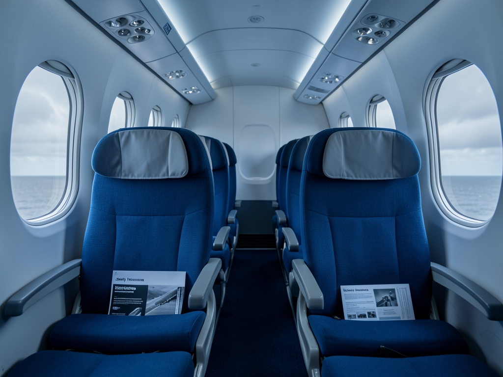 Paired rows simple blue economy seats under cool