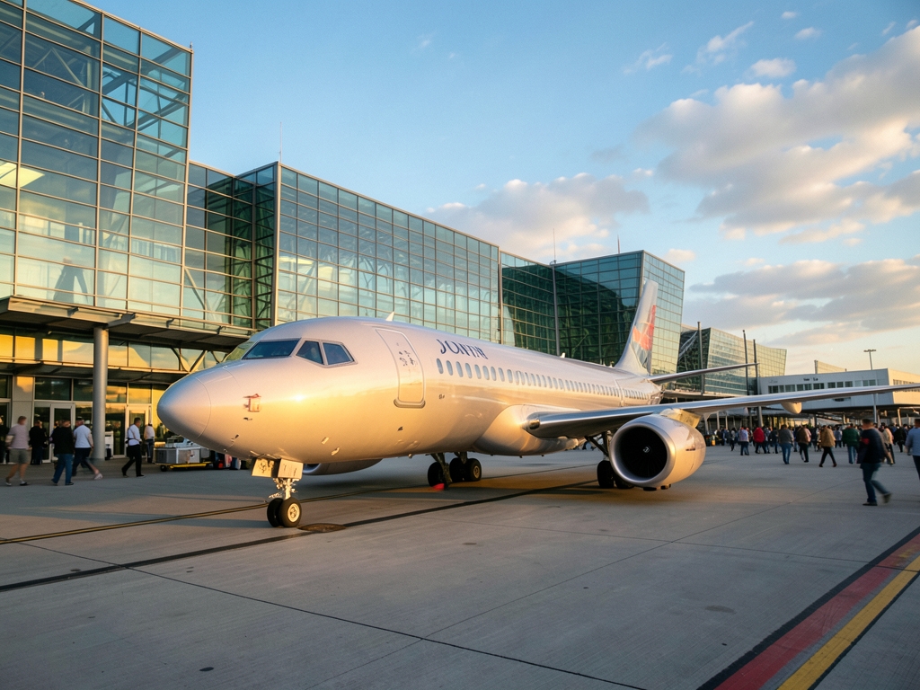 spring afternoon with sleek aircraft taxiing beside glass and steel
