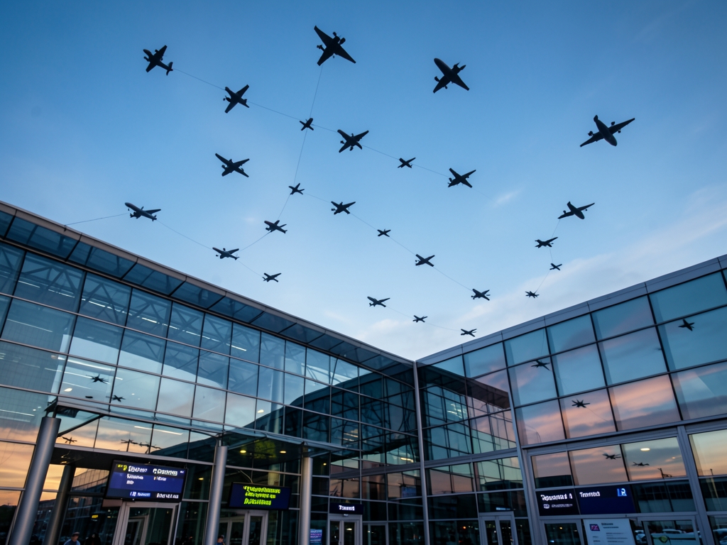 Connecting flight silhouettes weaving through cool blue dawn above