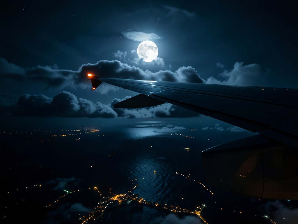 Moonlit flight over dark Atlantic clouds with airplane