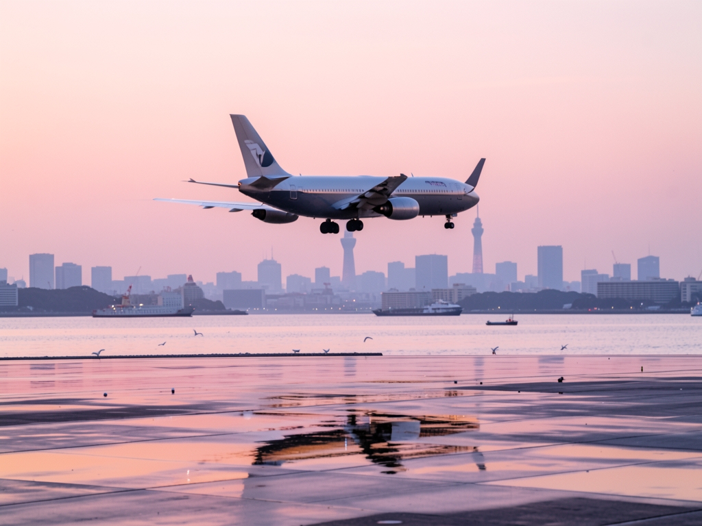 serene dawn over Tokyo with lone wide body banking