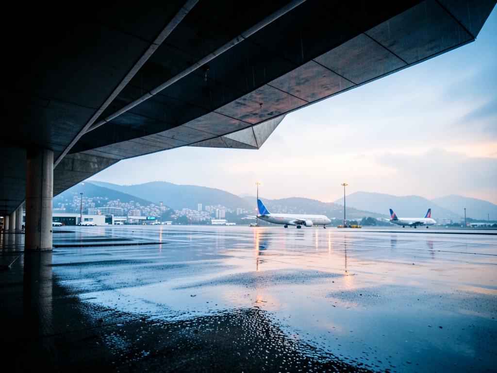 Rain swept airport curbside beneath angular concrete canopies with